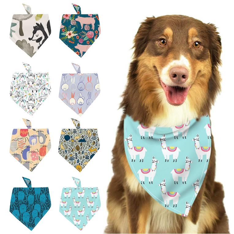 Printed dog bandanas in several patterns, with a dog wearing one